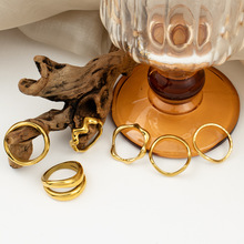 316不锈钢极简风光面波浪素圈戒指套装不规则设计多层次叠戴搭配