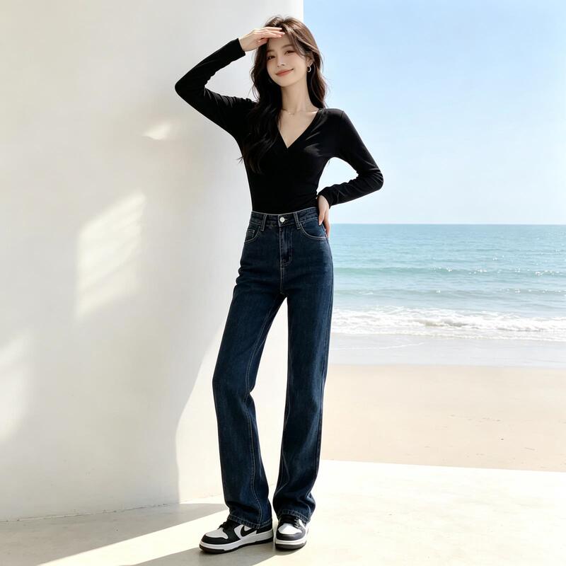 Black High-Waisted Stretch Straight-Leg Jeans for Women 2026 Spring and Autumn New Style Slimming and Height-Enhancing Drapey Wide-Leg Cigarette Pants Summer