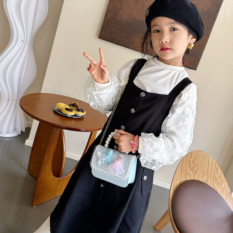 Children's cartoon one-shoulder bag for princess, handheld beaded bracelet with bow, shoulder bag, Chanel style, gradient