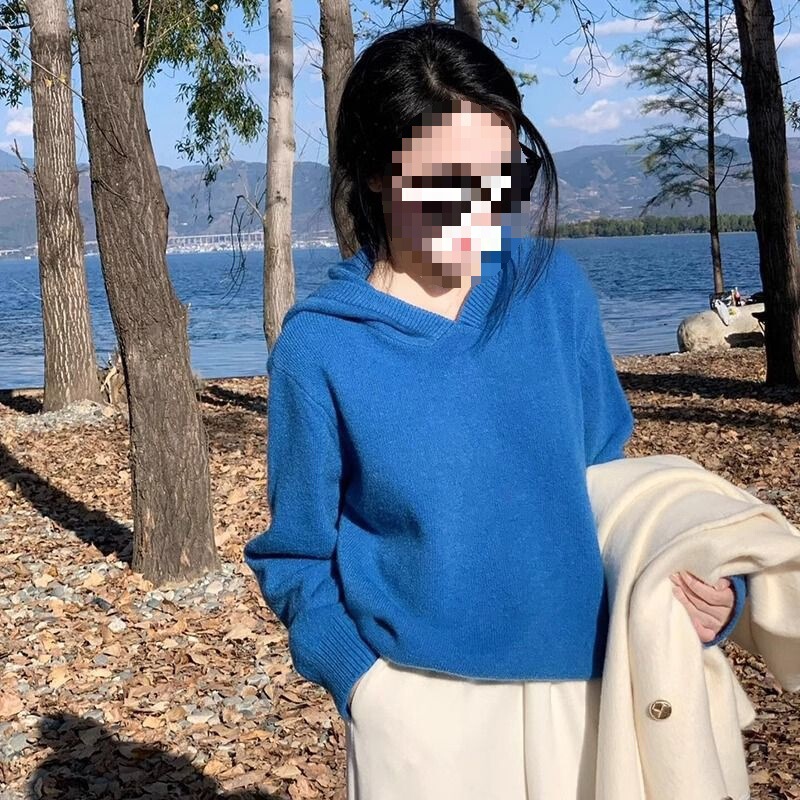 Hooded Collar Knitwear Sweatshirt Top Klein Soft Knitwear Bottoming Shirt Blue Slimming Look Korean Style Loose Inner Wear