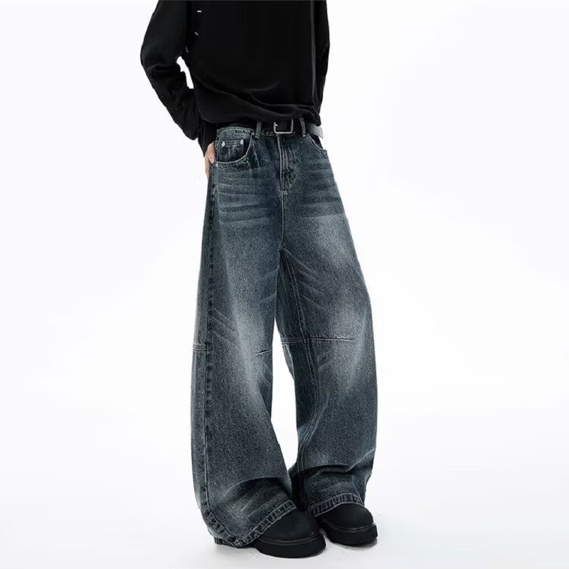 Unisex Retro Minimalist Wide Leg Jeans Blue Grey Stylish Straight Leg Drape Trendy Men's Clothing Denim_mkmklike.com
