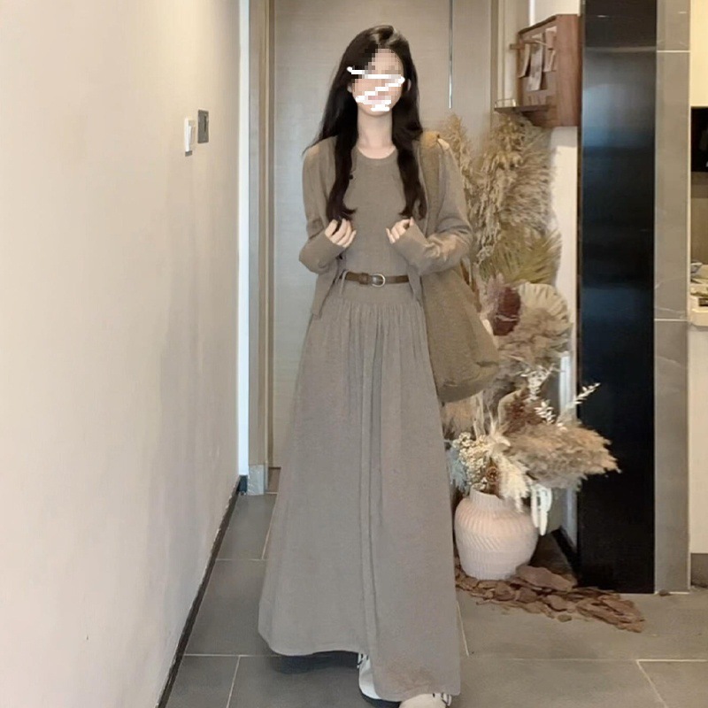 2024 년 새 초가을 니트 긴팔 원피스 여성 한국식 분위기 착용 우아한 긴 원피스 패션