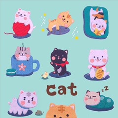 Embroidered fabric patch with computer-embroidered designs—new petite cat-shaped, burn-edge style cartoon patches for decorating clothing