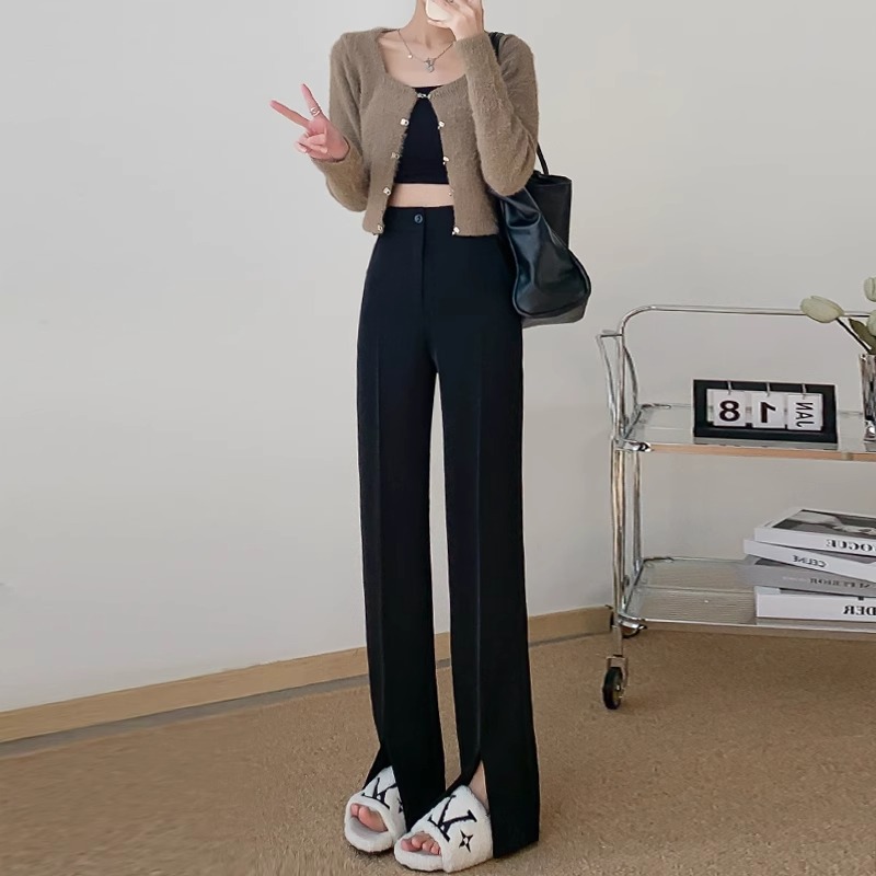 Pantalones de traje negro para mujeres 2024 otoño y invierno más vello cintura alta tenedor recto adelgazamiento de alta calidad pantalones de piernas anchas