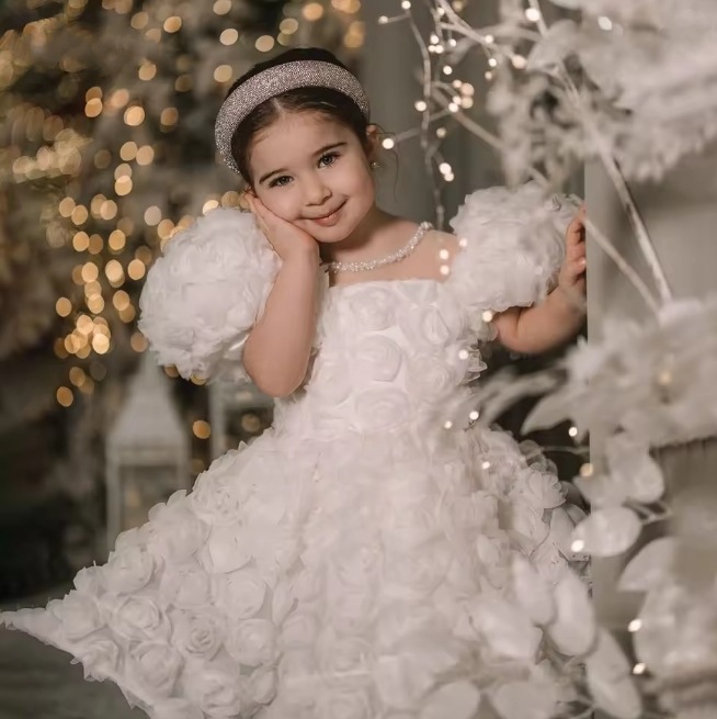 Vestido blanco de princesa con mangas abullonadas para el primer cumpleaños de una niña, con falda de tul. Ropa para bebés niñas de Sweet And Lovely Mother & Kids (0-3 años)._voghion.com