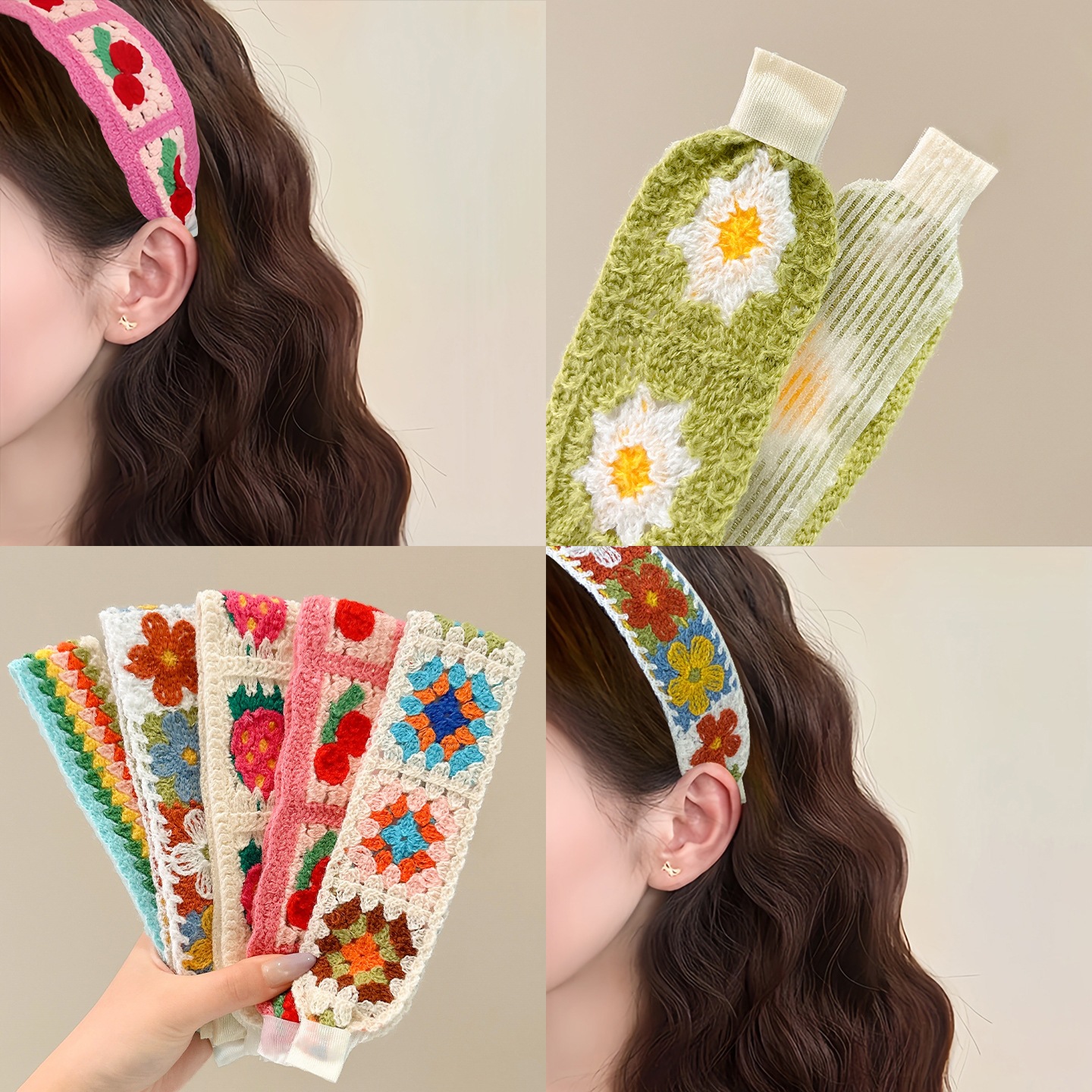 Knitted hairband with adhesive for women, 2026 new style, embroidered magic tape headband, hair clip, face washing headband, hair accessory