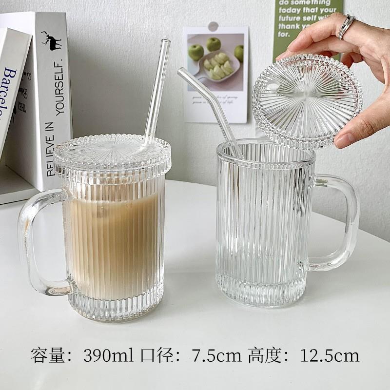 Viento a rayas taza de paja con tapa de cristal simple taza de agua taza del hogar taza de bebida taza de leche taza de desayuno jugo