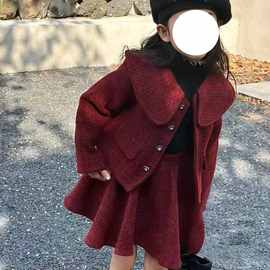 女童套装2023秋冬季新款儿童洋气生日红色宝宝夹棉毛呢两件套包邮