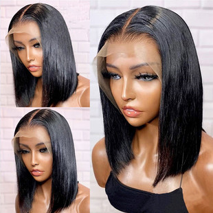 Cross-border foreign trade European and American wig women's black short straight hair mid-point bobo Bob high temperature silk chemical fiber hair head cover
