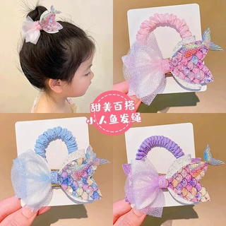 鱼尾蝴蝶结小肠圈春夏新款韩版布艺儿童头饰百搭亮片珍珠女孩发圈