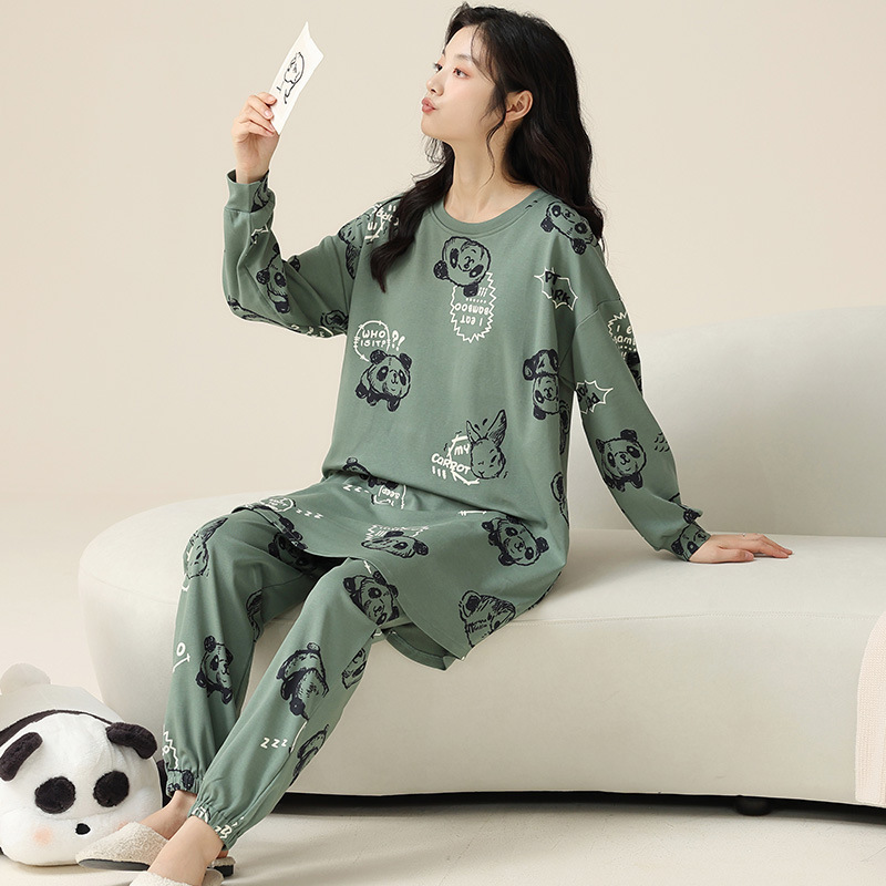 Spring and Autumn pajamas women's cotton long-sleeved pullover suit 100.00 kg-110.00 kg mid-length tall home wear Women