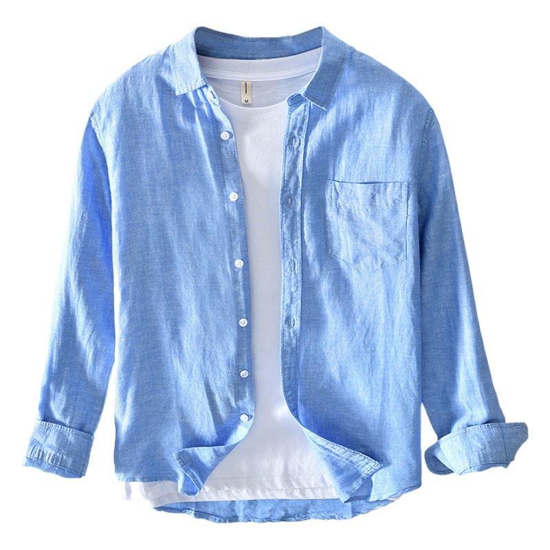 L721 ropa de abrigo casual diaria camisa de todos los hombres camisa de lino de manga larga de color sólido hombres jóvenes entrega de una pieza