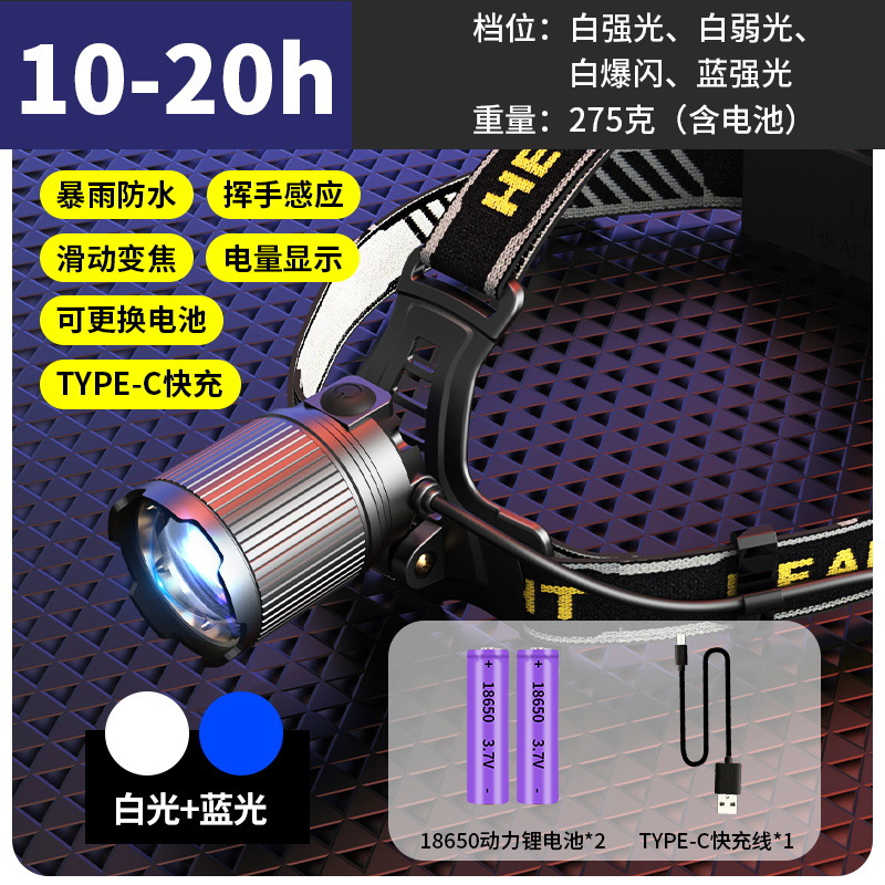 Transfronterizo doble fuente de luz inductiva auricular luz amarilla luz blanca láser luz intensa carga luz de cabeza led zoom luz de pesca nocturna image 10