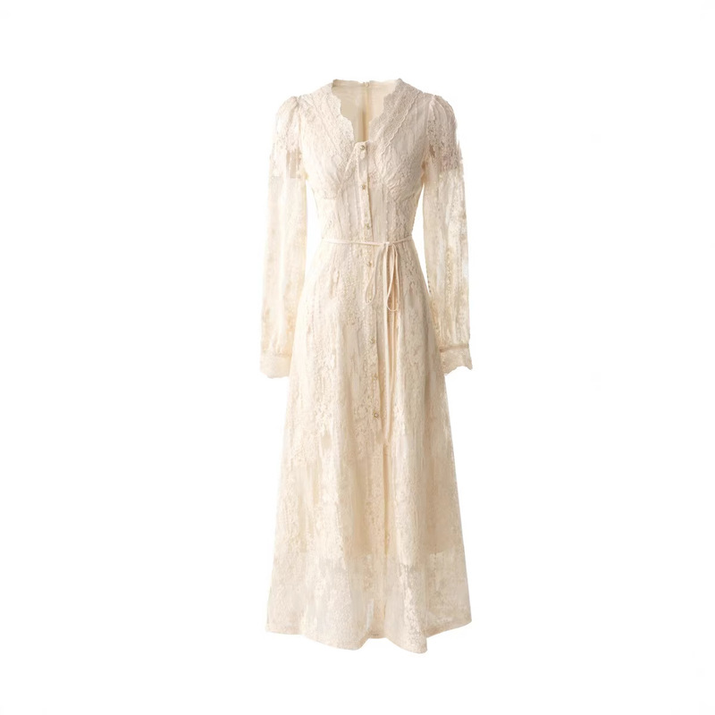 26 Early Spring French-Style Off-White Full Lace Dress with V-Neck, Single-Breasted, Drawstring Waist, Vintage Gentle Style Long Dress