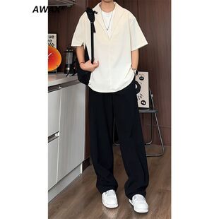 Black set, shirt, trousers, V-neckline, high-quality style, loose straight fit
