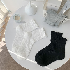 襪子女夏季吸汗薄款泡泡口白色中筒襪日系花邊愛心配拖鞋長襪批發