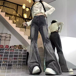高街黑灰时尚渐变牛仔裤男女美式复古小众设计感中腰毛边喇叭裤