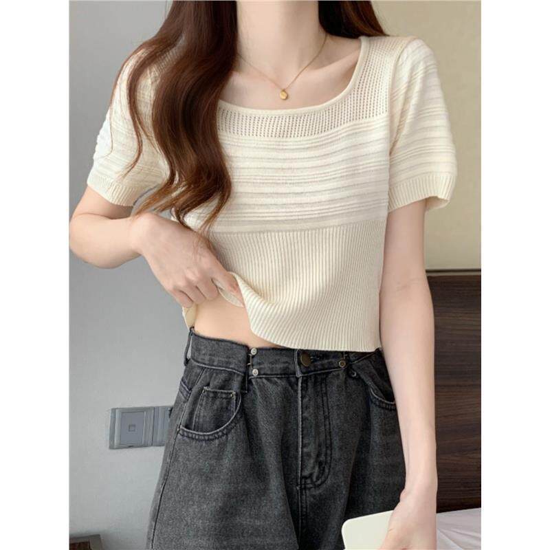 Ys French-Style Square-Neck Ice Silk Knit Short-Sleeve T-Shirt for Women, Summer Slim-Fit Youthful Cropped Top Ys French-Style Square-Neck Ice Silk Knit Short-Sleeve T-Shirt for Women, Summer Slim-Fit Youthful Cropped Top