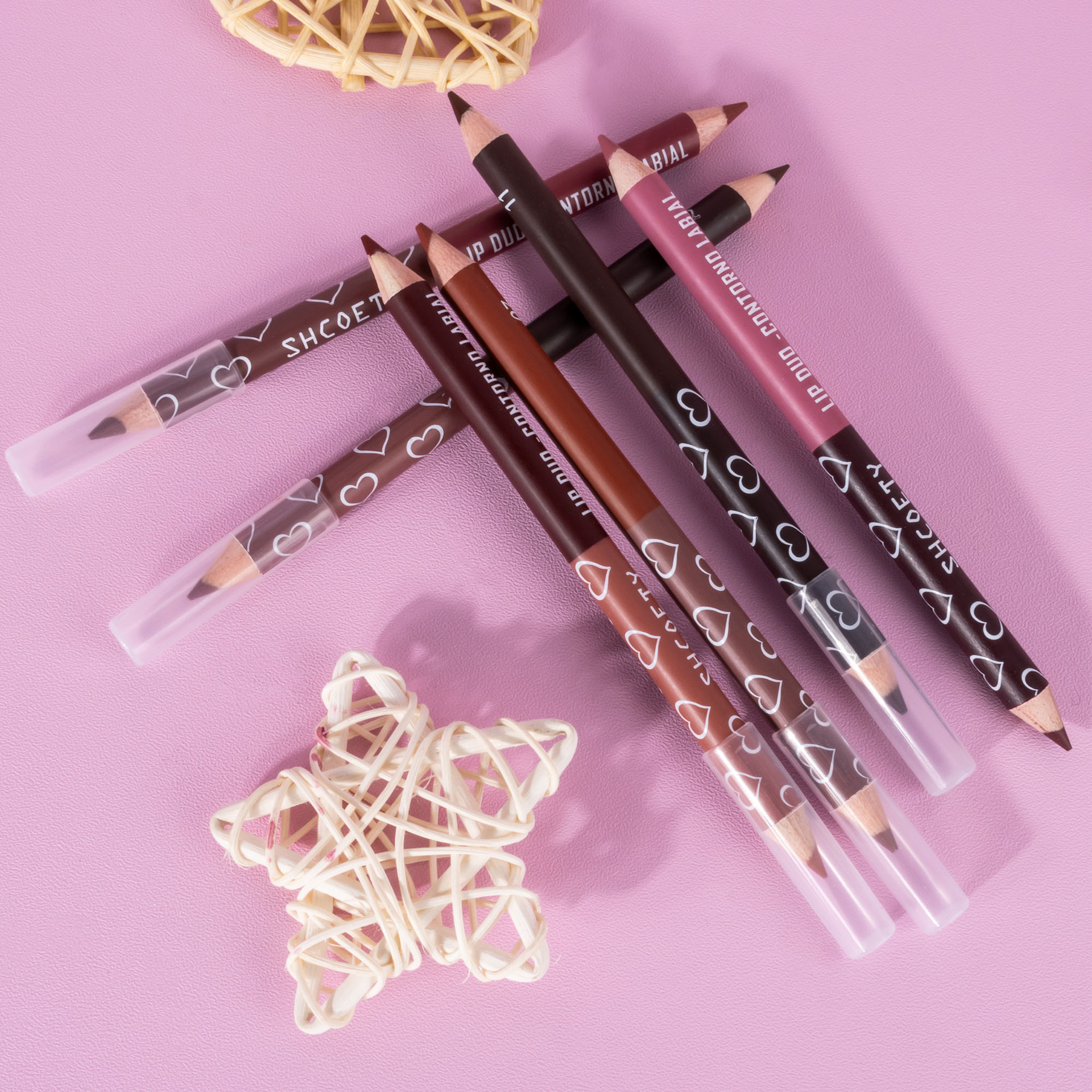 SHCOETY Cross-border double-headed dual-color wooden lip liner pen matte, long-lasting, easy to color, non-stick to cups, outlining pen makeup undefined