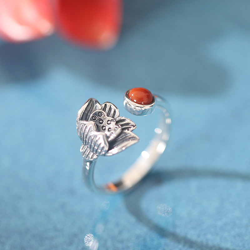 Lotus Red Agate Ring 925 Sterling Silver Jewelry New Retro Ring display picture 1