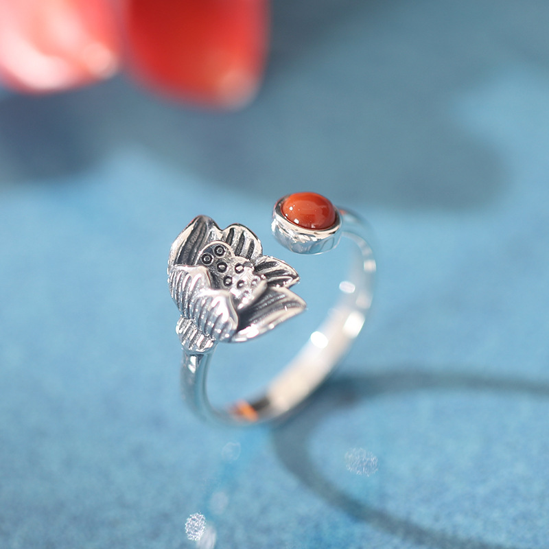 Lotus red agate ring 925 sterling silver jewelry new retro ring