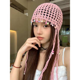 彩色珍珠流苏包头帽女夏季镂空波西米亚复古民族风编织套头帽子潮