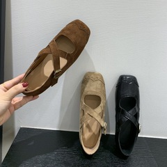 韩版法式小众平底交叉玛丽珍鞋女鞋子早秋款复古棕色方头芭蕾舞