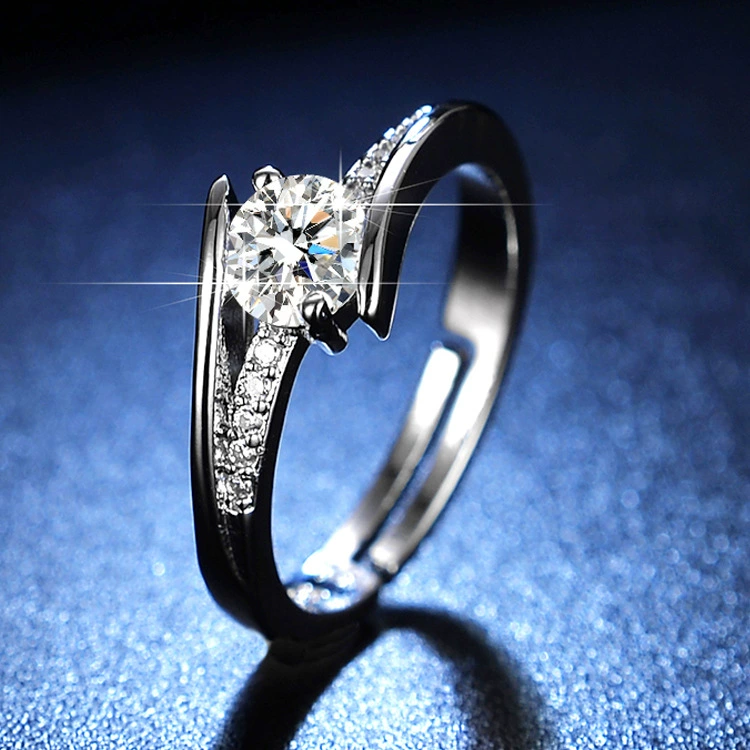 Ring one carat, adjustable open band with AAA zirconia, silver-layer plating