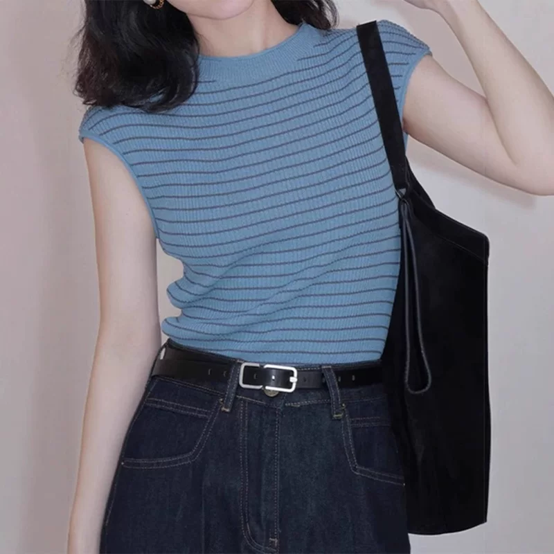 Silk knitted summer retro thin fitted sweater, round collar