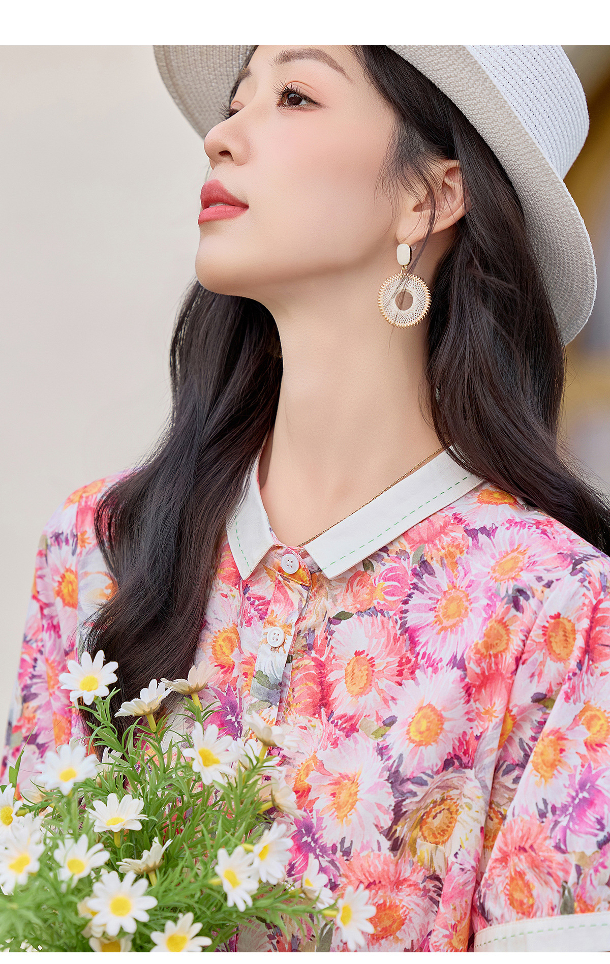 Đầm maxi nữ thắt eo họa tiết hoa nhí dáng suông rộng tay ngắn — màu đỏ chi tiết 19