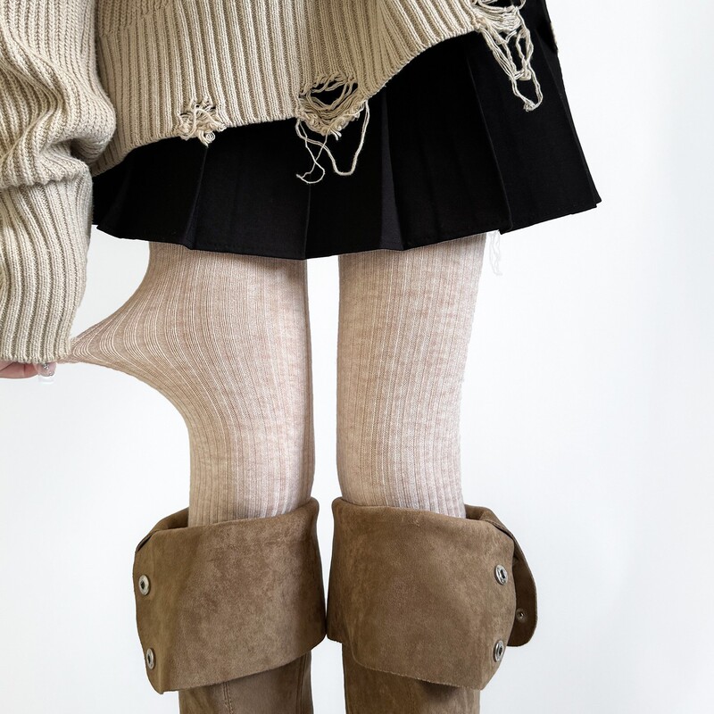 Autumn and Winter New Vertical Stripe Leggings Warm Wool Slimming Grey No Crotch Pantyhose Spring and Autumn Simple Pants