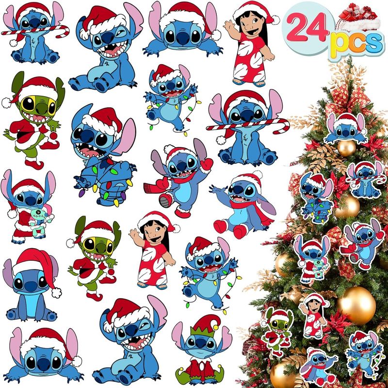 24ピース木制クリスマスツリー装饰ブルースティッチ漫画セットペンダントクリスマスパーティー装饰付け看板|undefined