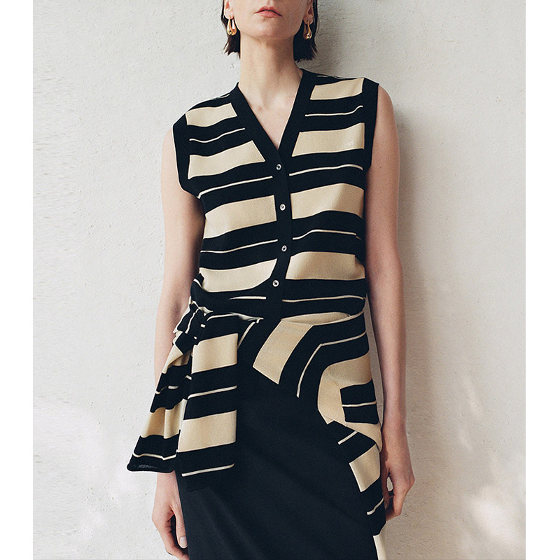 [Ls Order] Retro Striped Vest Color-Block Knitted Sweater Vest for Women, Summer Thin Style, Casual Sleeveless Top