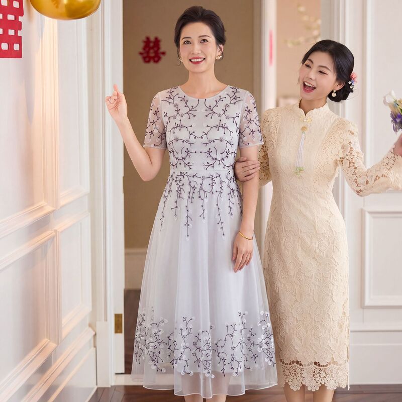 Zhili High-End Elegant and Stylish Mother's Party Dress, Versatile for Daily Wear, White Mesh Embroidered A-Line Gown, New Model Zhili High-End Elegant and Stylish Mother's Party Dress, Versatile for Daily Wear, White Mesh Embroidered A-Line Gown, New Model