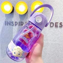 迪士尼冰雪塑料杯帶吸管男女學生兒童便攜提繩水壺卡通米奇水杯子