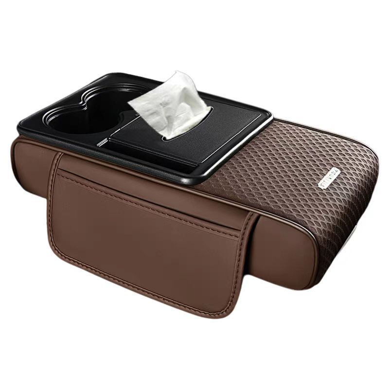 2026 New Model Central Car Armrest Box Heightening Pad Protective Cover with Dual Cup Holders, High-Quality Leather Car Tissue Box