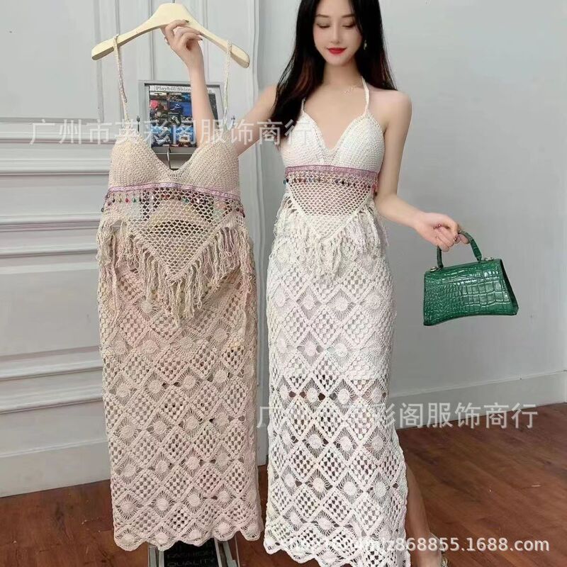 Holiday Internet celebrity suit skirt women's autumn new fashion sexy lace tassel halter tube top sling arm dress