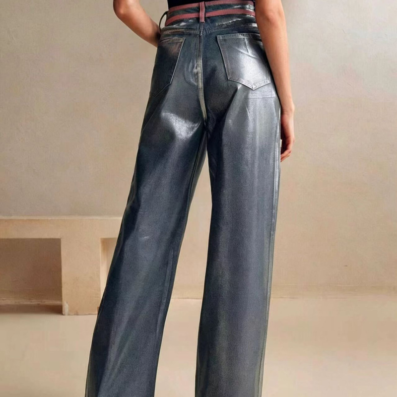 Metallic Luster Silver-Gray Jeans with Contrasting Pink Trim, High-Waisted Wide-Leg Straight-Cut Floor-Length Pants, Personalized Metallic Luster Silver-Gray Jeans with Contrasting Pink Trim, High-Waisted Wide-Leg Straight-Cut Floor-Length Pants, Personalized