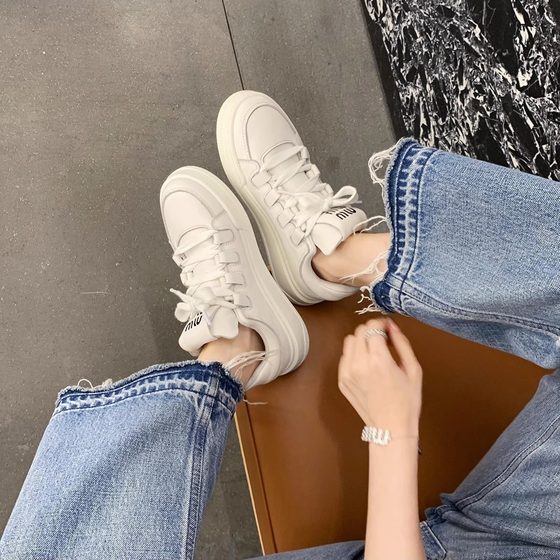 miu Genuine Leather White Shoes 2023 Summer New All-match Round Toe Lace-up Thick Sole Height-increasing Shoes for Women Casual