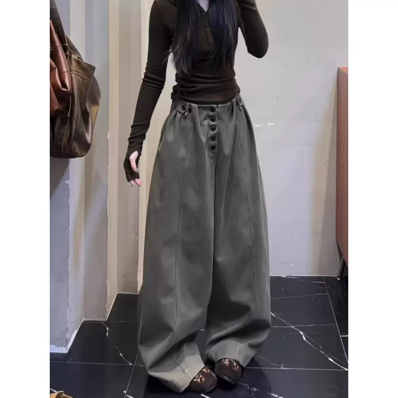 设计感排扣阔腿牛仔裤女冬季2025新款大码胖mm宽松垂感拖地弯刀裤