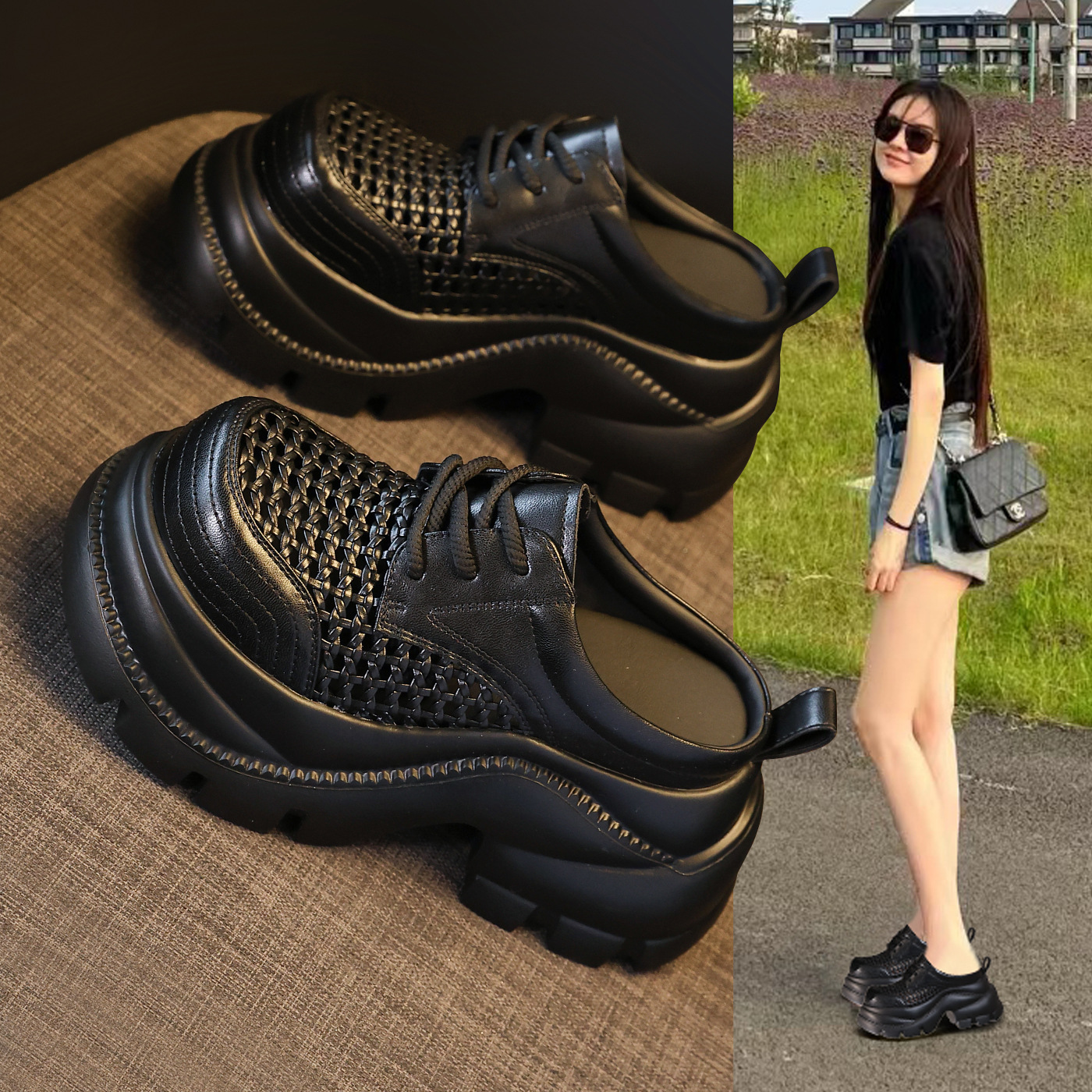 Giày sneaker nữ đế dày tăng chiều cao, mũi trùm hở thoáng khí, form chunky — màu đen, màu trắng ngà