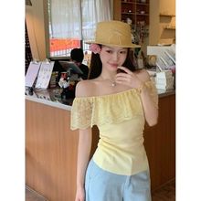 蕾丝拼接一字肩针织上衣女夏薄款轻奢高级感2025独特超好看的短袖