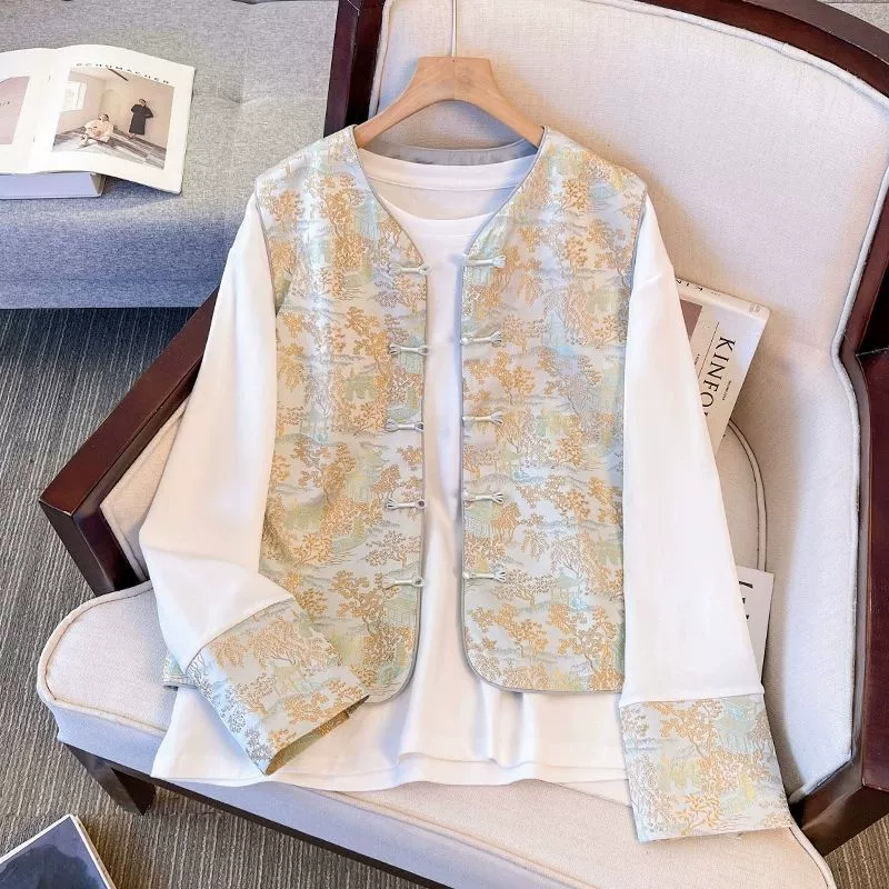 Новый китайский стиль, национальный стиль, жилет, многослойная рубашка, комплект из двух предметов для женщин, весна 2025, новый жаккардовый жилет с пуговицами на диск