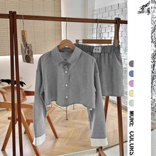 跨境外贸欧美风女装春夏新款撞色条纹长袖衬衫+撞色条纹短裤套装