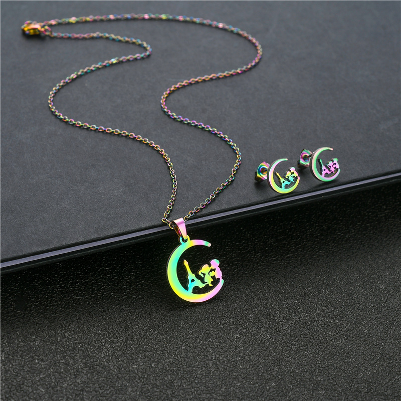 colorful boy and girl pendant clavicle chain earring set stainless steel