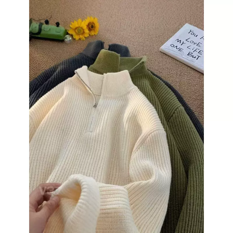 半高领拉链套头毛衣男秋冬季港风复古慵懒上衣日系百搭情侣针织衫