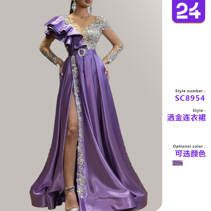 2025 Spring New European and American Cross-Border Women's Amazon Evening Dress Women's Satin Gold Purple Sequin Dress