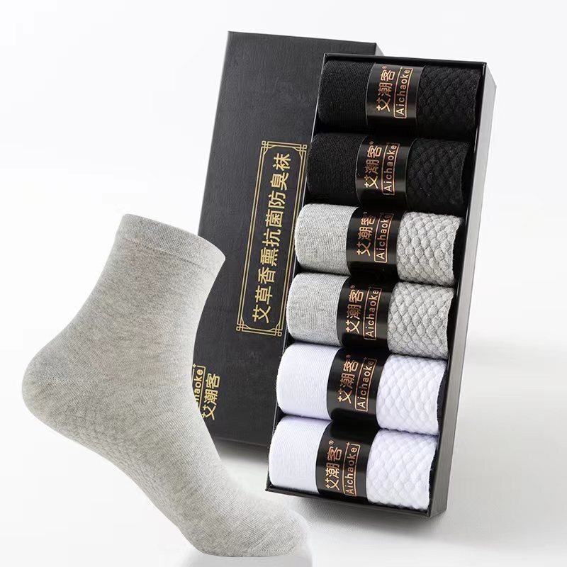 6 pairs of cotton detector Wormwood aromatherapy deodorant socks men's autumn and winter mid-calf length socks business men's socks breathable sweat-absorbent