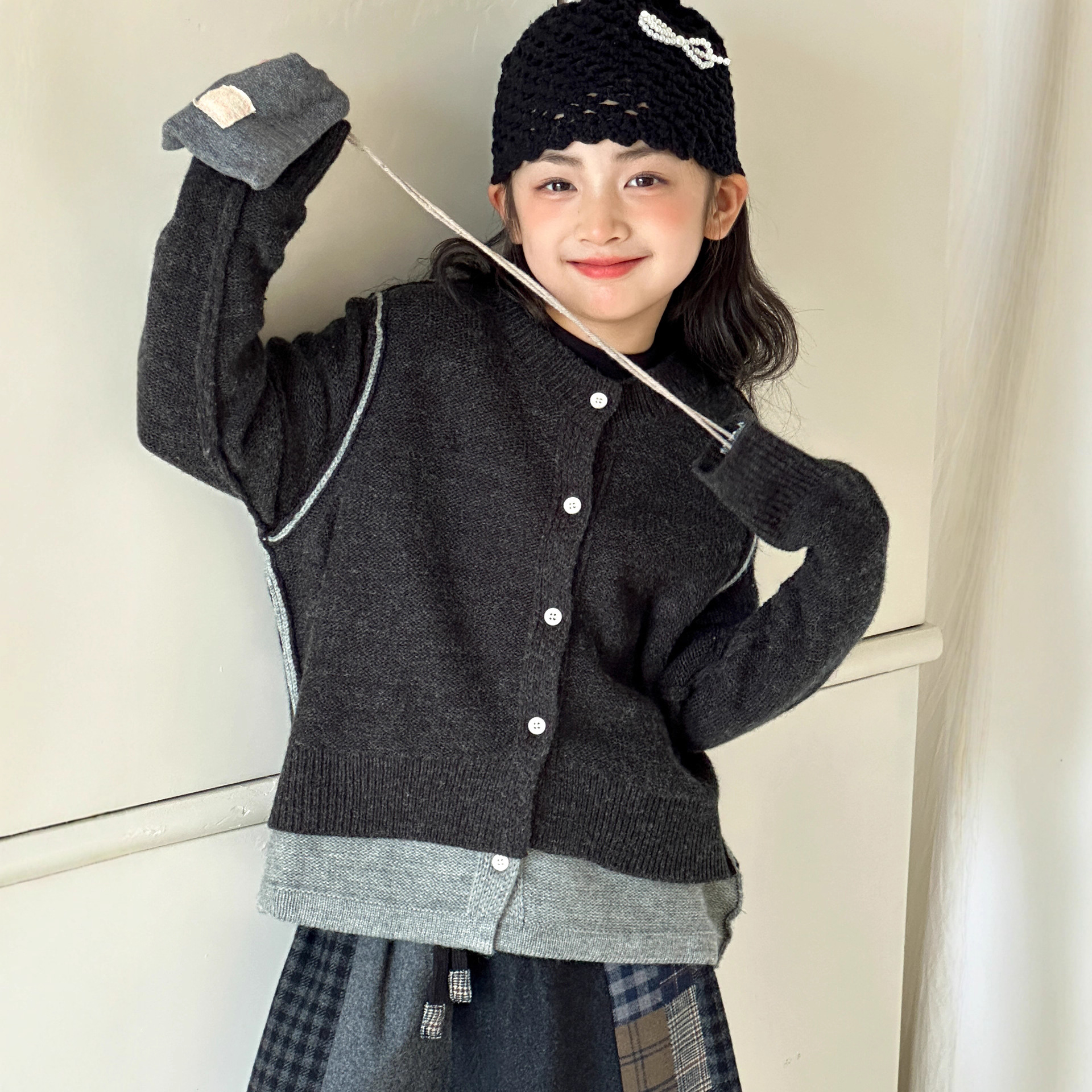 小红鱼女童毛衣2025春秋新款儿童秋装针织开衫外套假两件亲子上衣