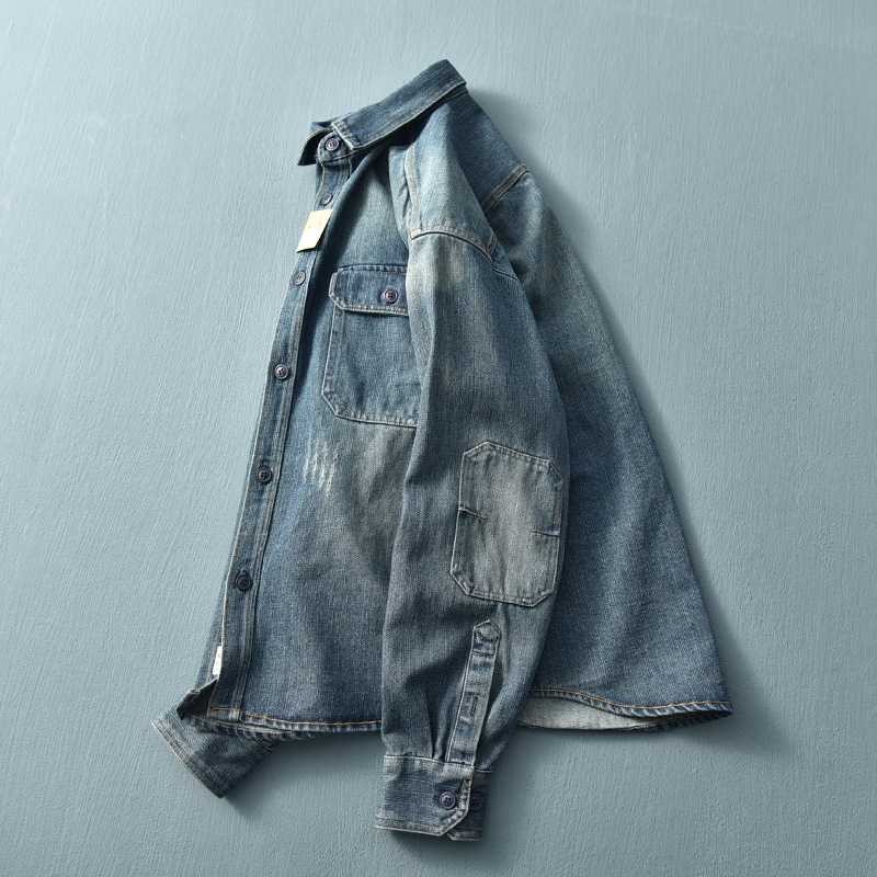 High-quality European And American Vintage Washed Workwear Thick Denim For Men, Loose Long-sleeved Shirt Jacket, Trendy_voghion.com